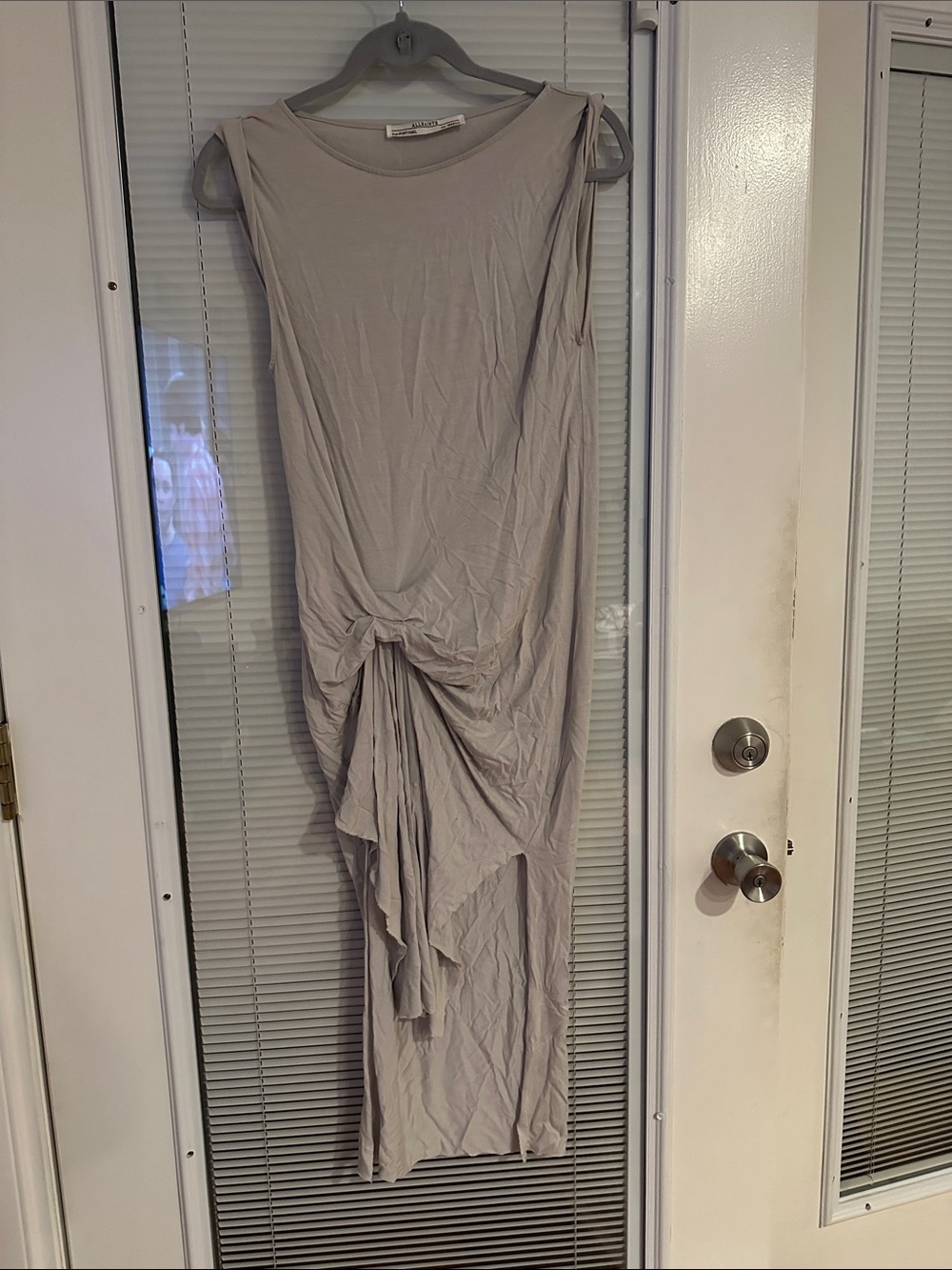 All Saints Asymmetrical Knot Midi Dress in Light Taupe
